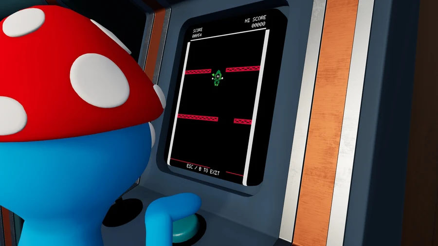 A mushroom-hatted player playing the Dropper arcade cabinet.