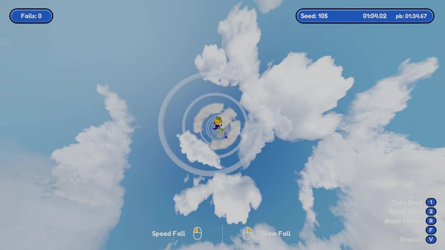First-person descent through clouds with racers ahead.