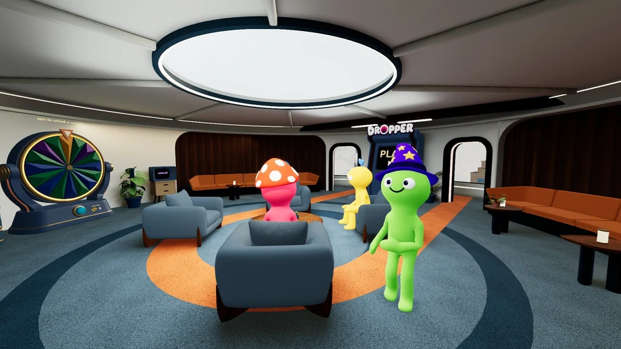 Friends walking and sitting in the polished arcade clubhouse.