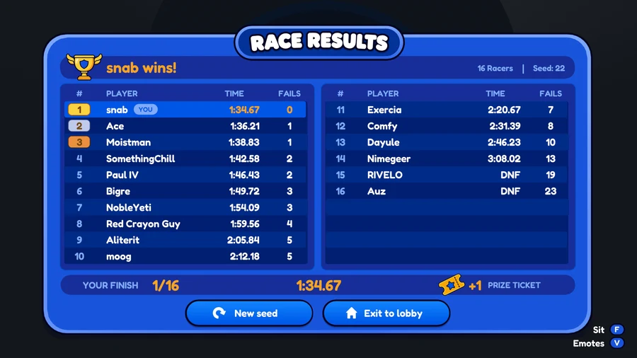 The race results show a first-place finish and one earned prize ticket.