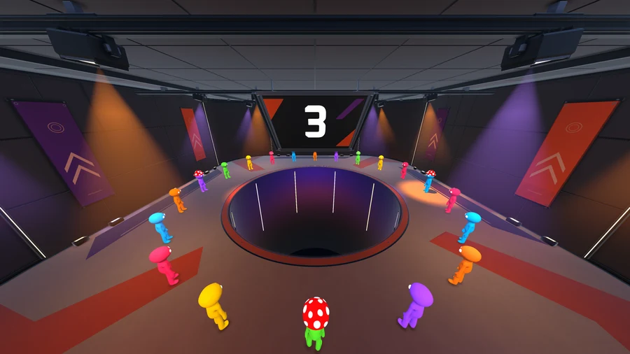 Twenty colorful players on their starting spots around the arena drop.