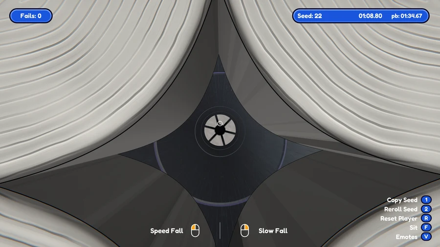 First-person speedfall between pale wood-grain obstacles with the fixed gameplay interface.