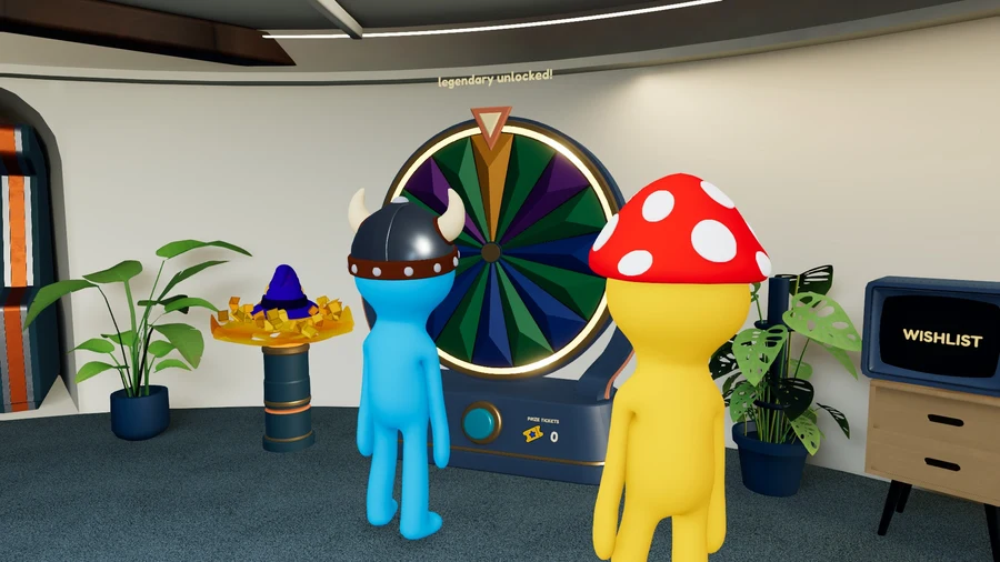 Two players beside the cosmetic prize wheel and a newly unlocked wizard hat.